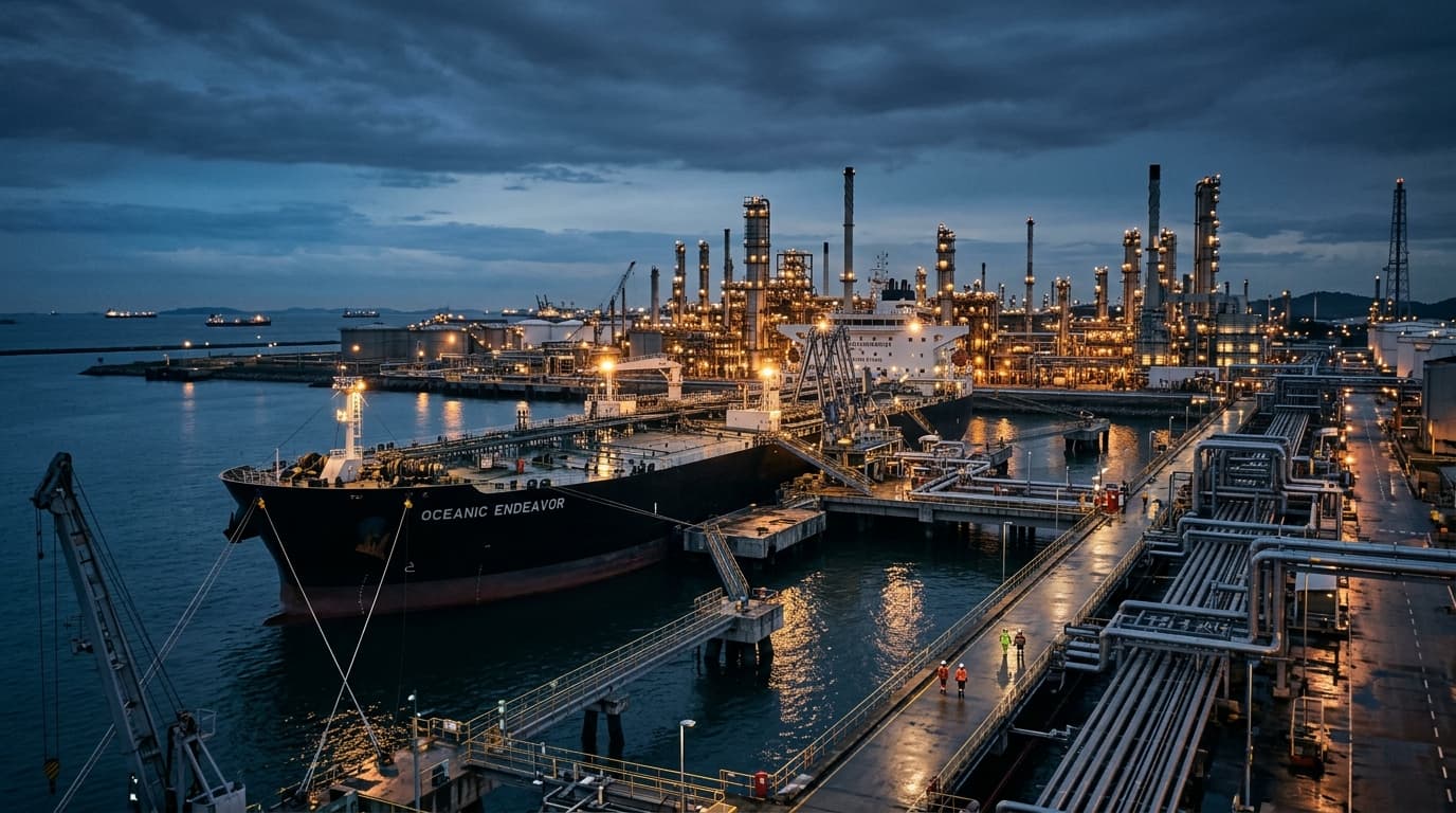 Commercial oil tanker docked at a deepwater industrial petroleum terminal at twilight beside refinery distillation towers